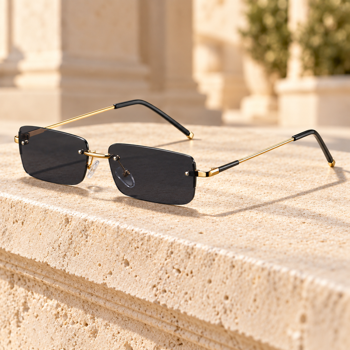 Ansel Rimless Rectangle Sunglasses — Gold/Grey, full frame