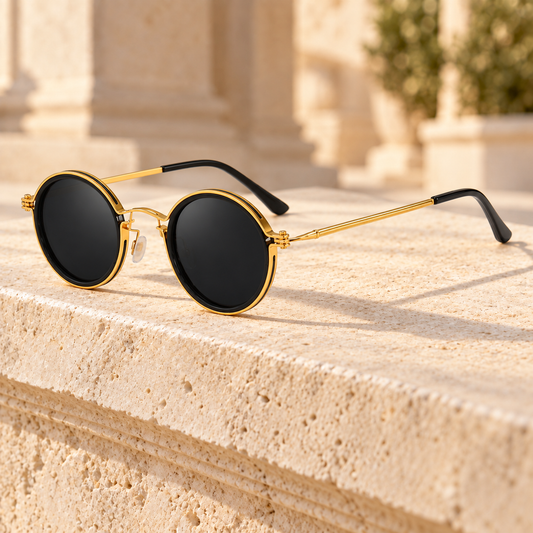 Theo Layered Round Metal Sunglasses — Gold/Grey, full frame