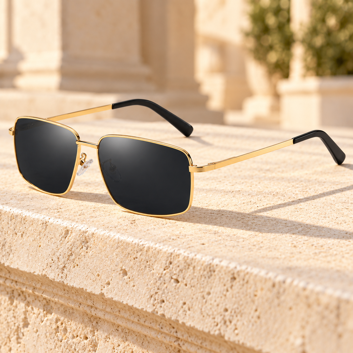 Hunter Slim Metal Rectangle Sunglasses — Gold/Grey, full frame