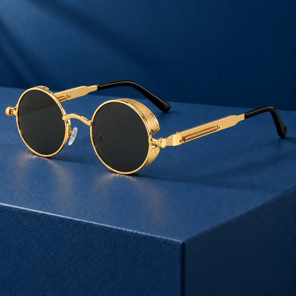 Felix Round Side-Shield Sunglasses - Gold/Grey, full frame