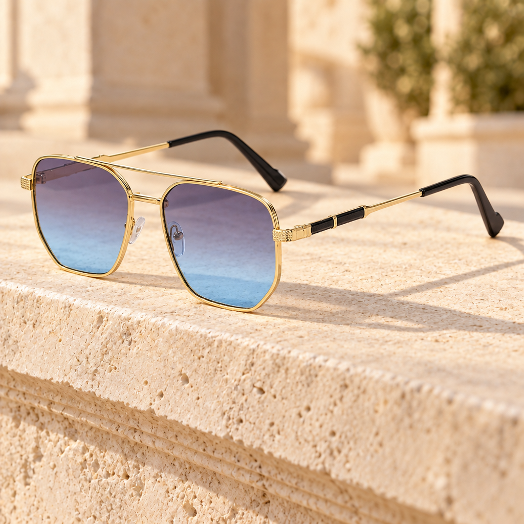 Jackson Double-Bridge Metal Sunglasses — Gold/Purple-Blue, full frame