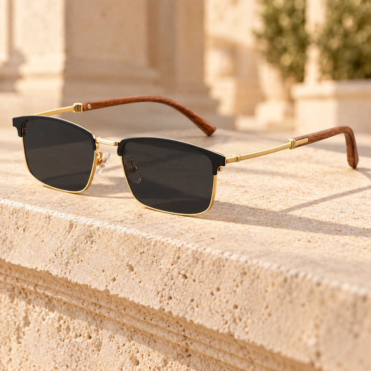 Thane Wood-Grain Browline Sunglasses — Gold, full frame