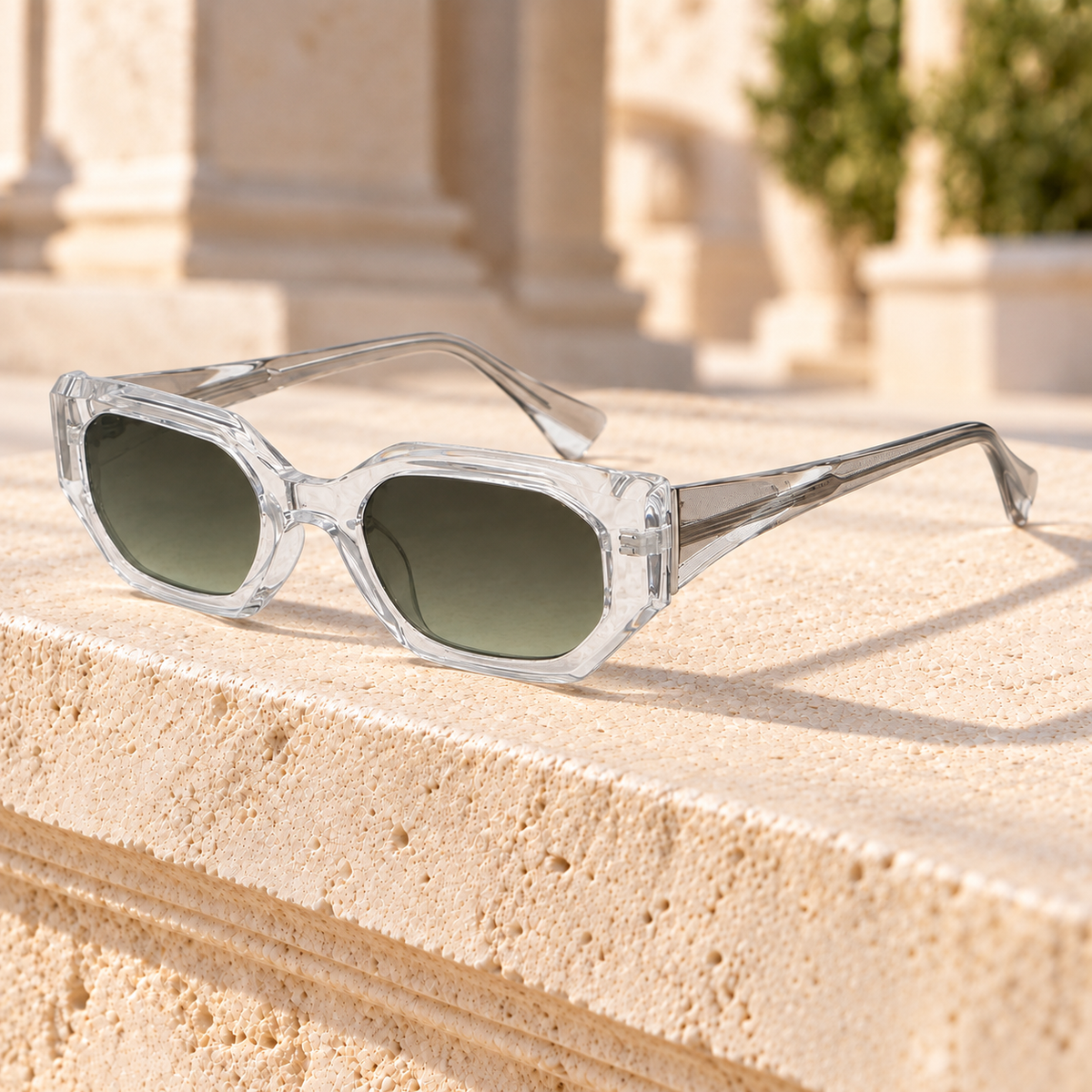 Drew Angular Geometric Sunglasses — Clear/Gradient Gray, full frame