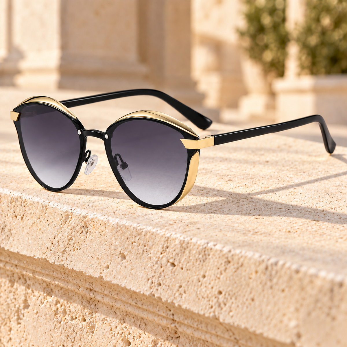 Grace Metal-Brow Cat-Eye Sunglasses — Black/Gradient Grey, full frame