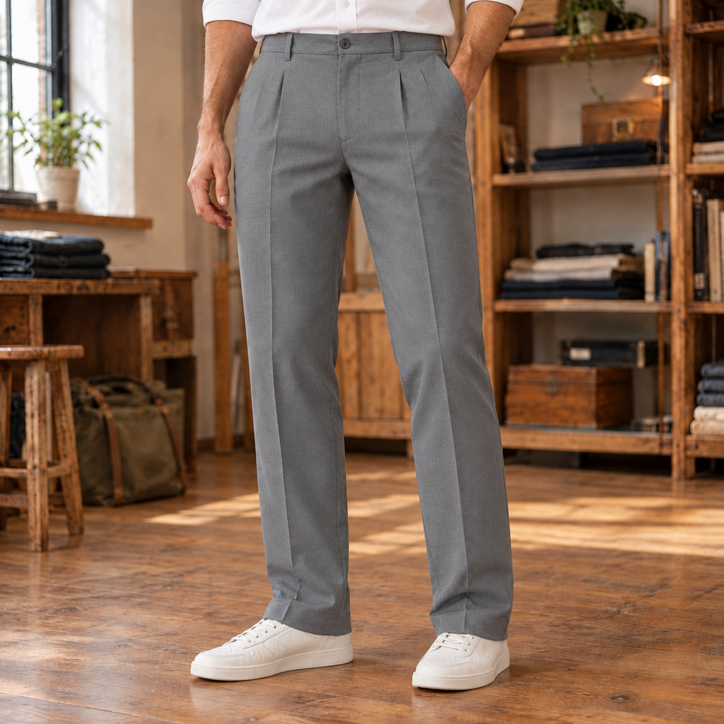 Mitchell Pleated Slim Dress Pants - Gray, worn, full pants