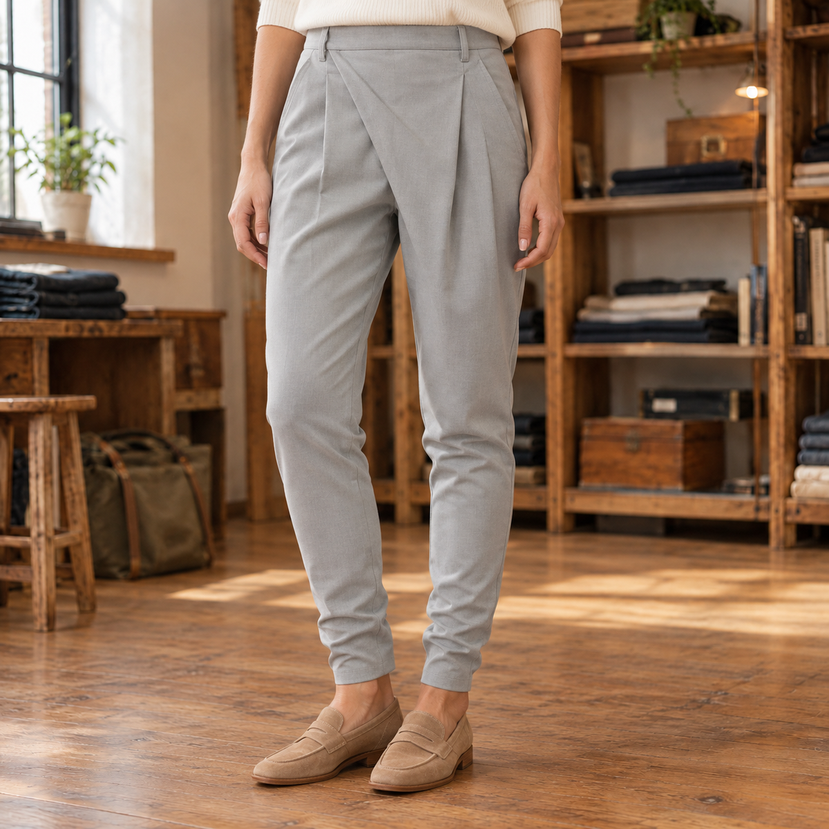 Claire Crossover Pleated Trousers - Gray, worn, full trousers