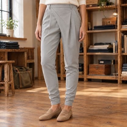 Claire Crossover Pleated Trousers - Gray, worn, full trousers
