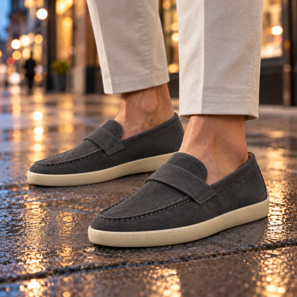 Brooks Saddle-Strap Suede Penny Loafers - Gray, worn pair