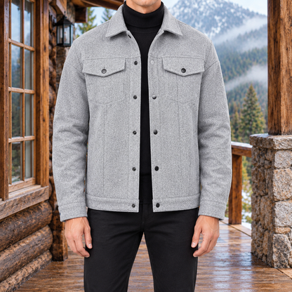 Travis Flap-Pocket Trucker Jacket - Light Gray, worn, full jacket