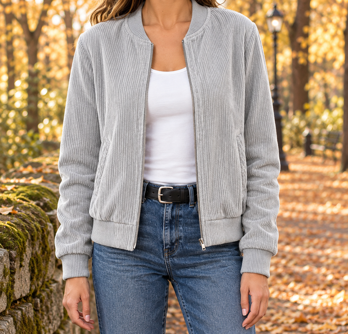 Kayla Corduroy Zip Bomber Jacket - Gray, worn, full jacket