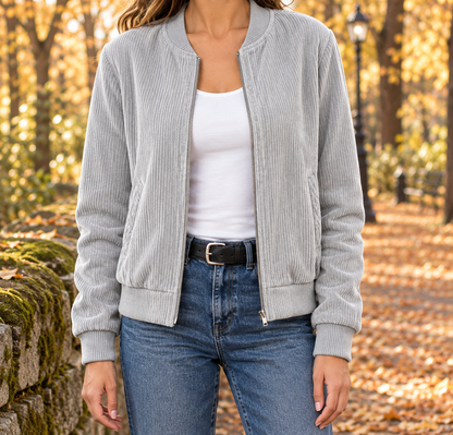 Kayla Corduroy Zip Bomber Jacket - Gray, worn, full jacket