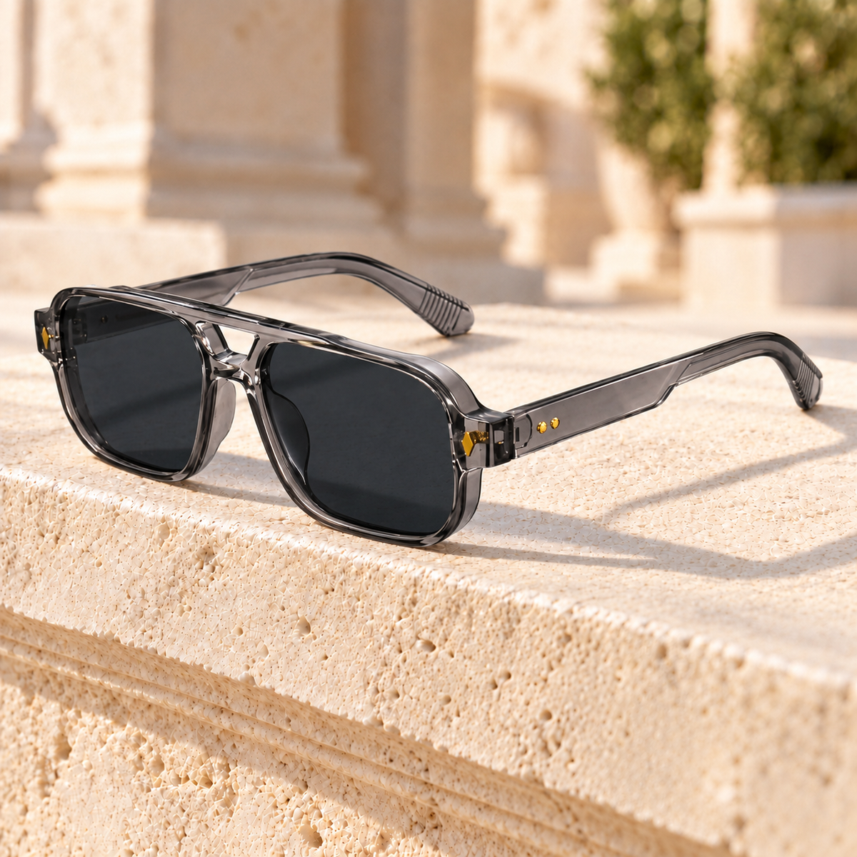 Wade Double-Bridge Oversized Sunglasses — Gray, full frame