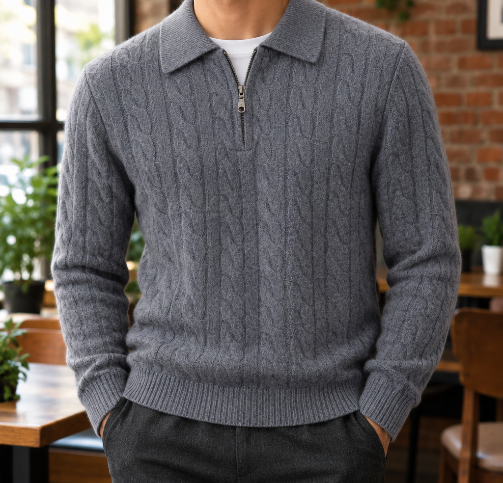Henry Cable-Knit Zip Polo - Gray, worn, full polo
