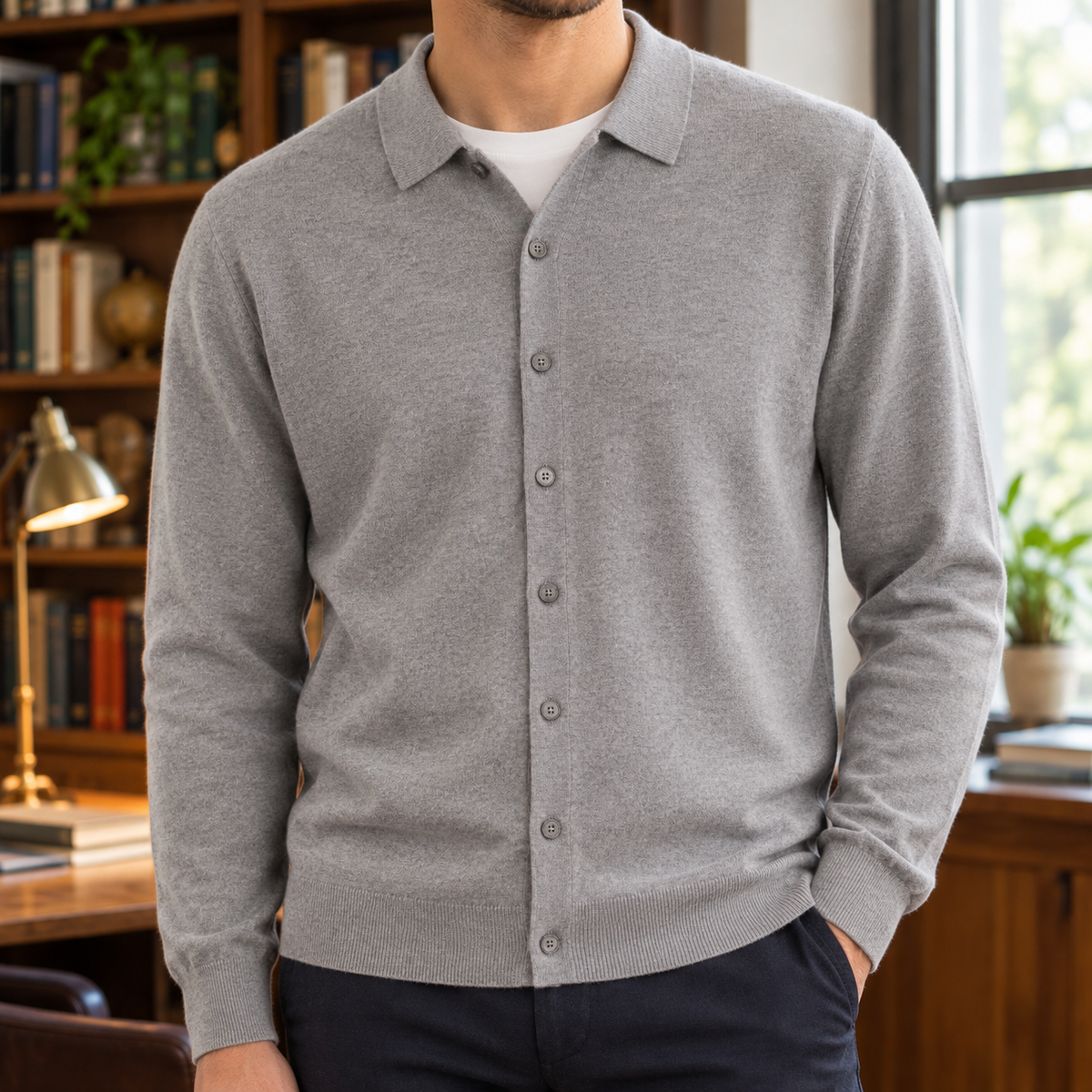 Andrew Fine-Knit Polo Cardigan - Gray, worn, full cardigan