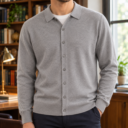 Andrew Fine-Knit Polo Cardigan - Gray, worn, full cardigan