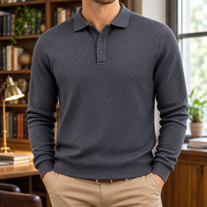 Edward Lattice Jacquard Long-Sleeve Polo - Iron Gray, worn, full polo