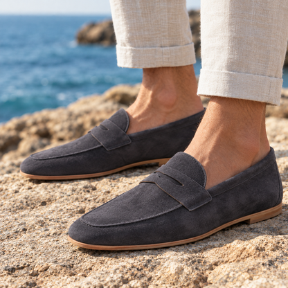 Henry Unstructured Suede Penny Loafers - Gray, worn pair