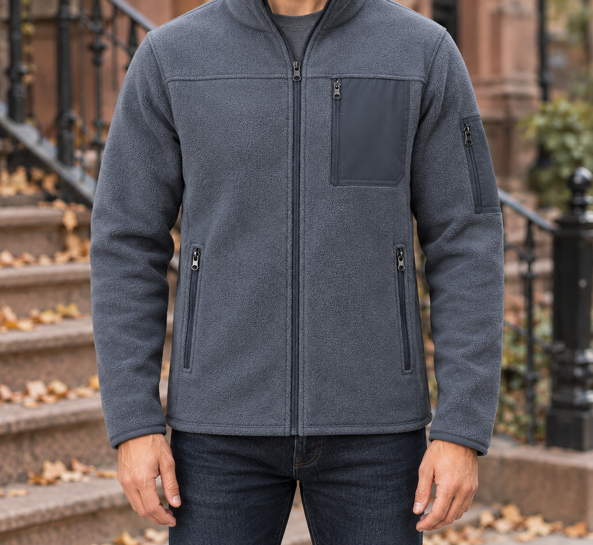 Ross Utility Fleece Zip Jacket - Dark Gray, worn, full jacket