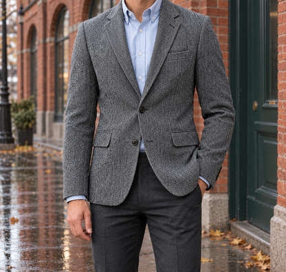 Edward Herringbone Two-Button Blazer - Gray, worn, full blazer