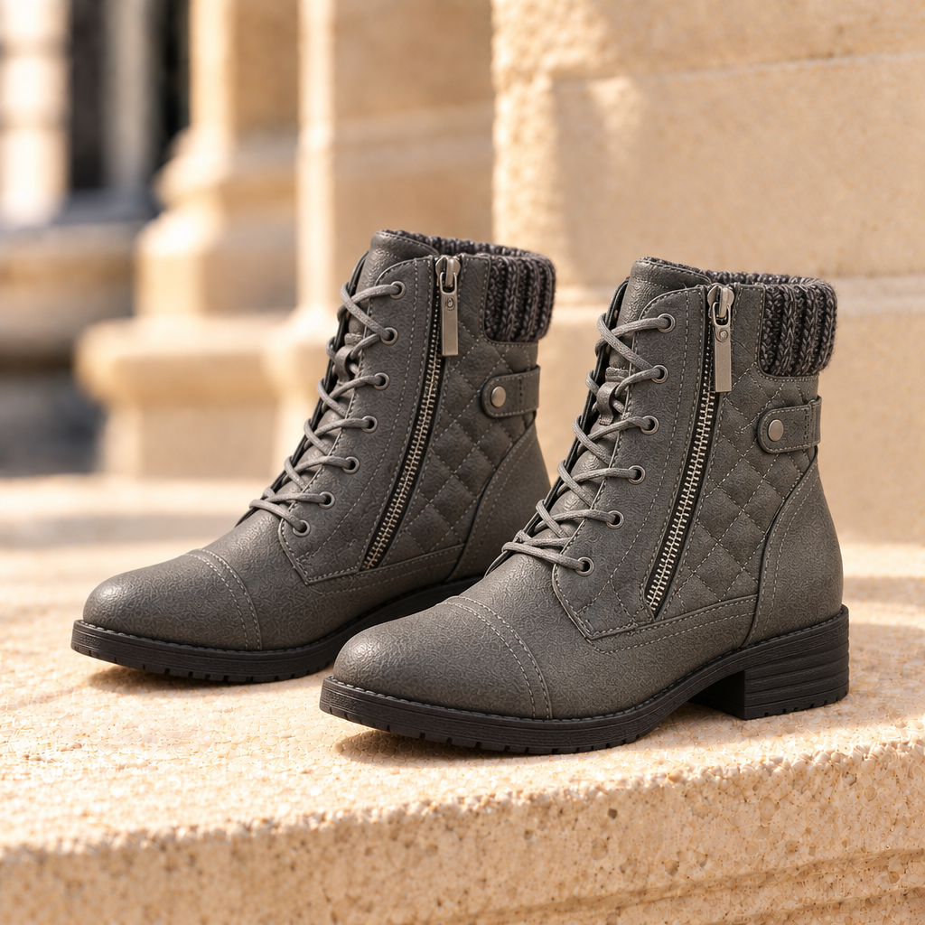 Avery Quilted Lace-Up Ankle Boots - Gray, full pair