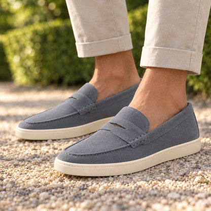 Carter Suede Cupsole Penny Loafers - Gray, worn pair