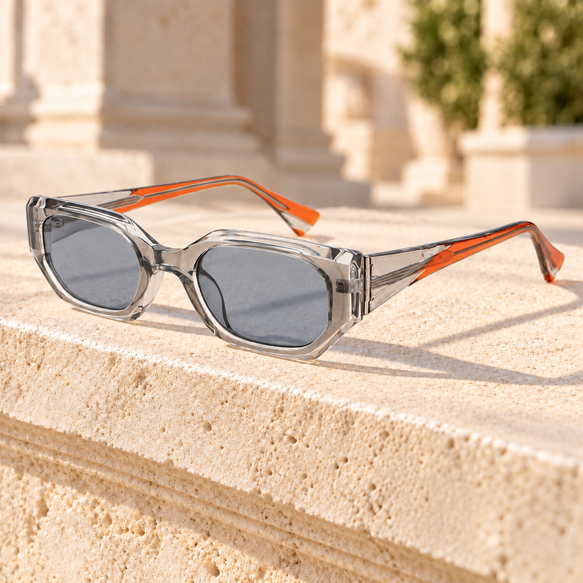 Drew Angular Geometric Sunglasses — Clear/Gray, full frame