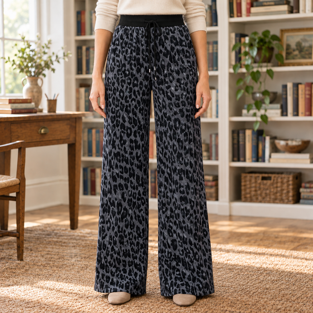 Kate Leopard Drawstring Wide-Leg Pants - Gray, worn, full pants