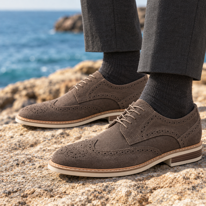 Hayes Layered-Sole Wingtip Brogues - Gray, worn pair