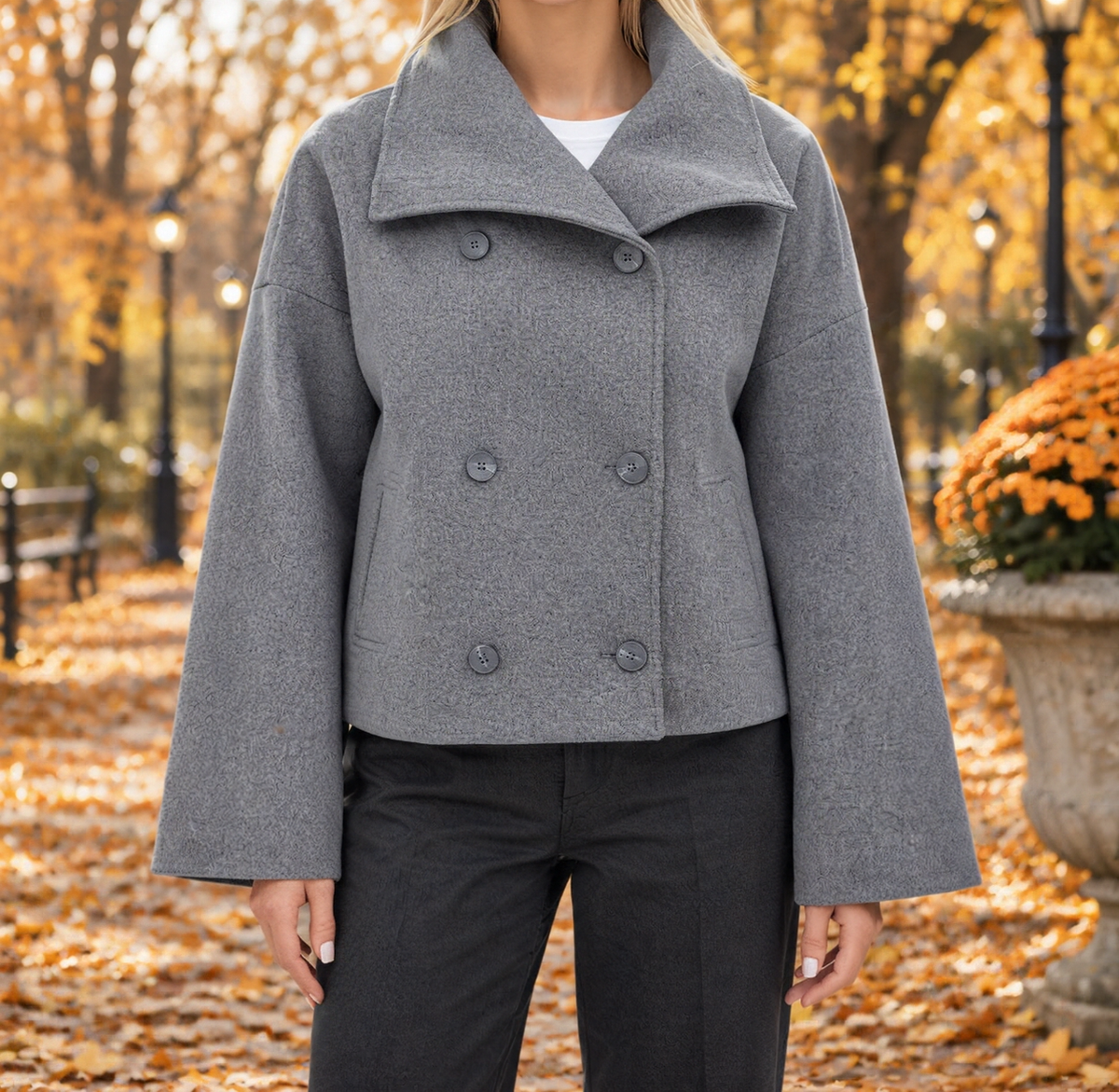 Sarah Wide-Collar Cropped Coat - Dark Gray, worn