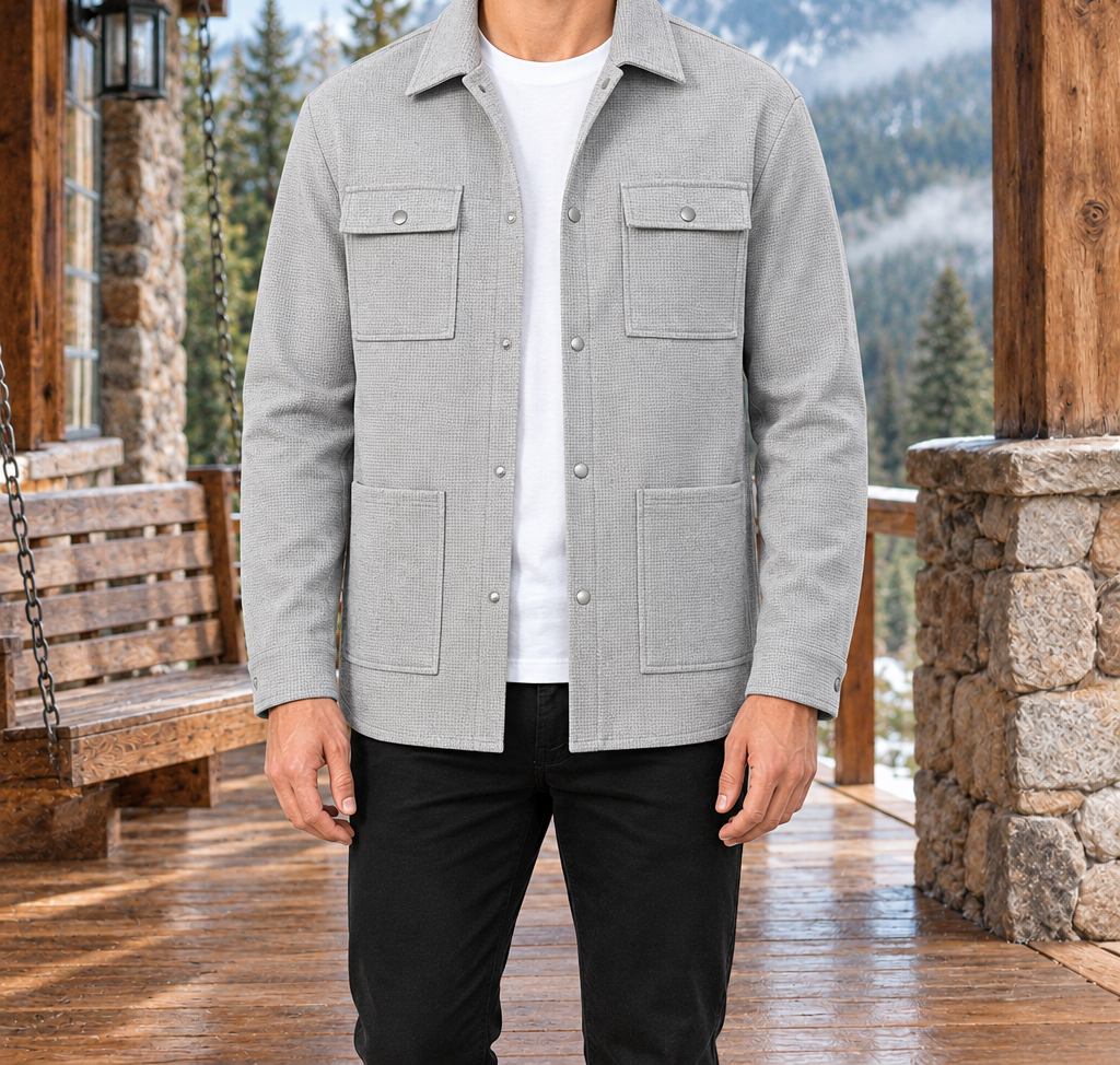 Jason Waffle-Texture Shirt Jacket - Gray, worn, full jacket