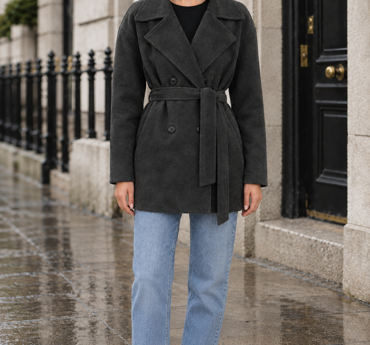 Julia Belted Faux-Suede Wrap Jacket - Gray, worn, full jacket