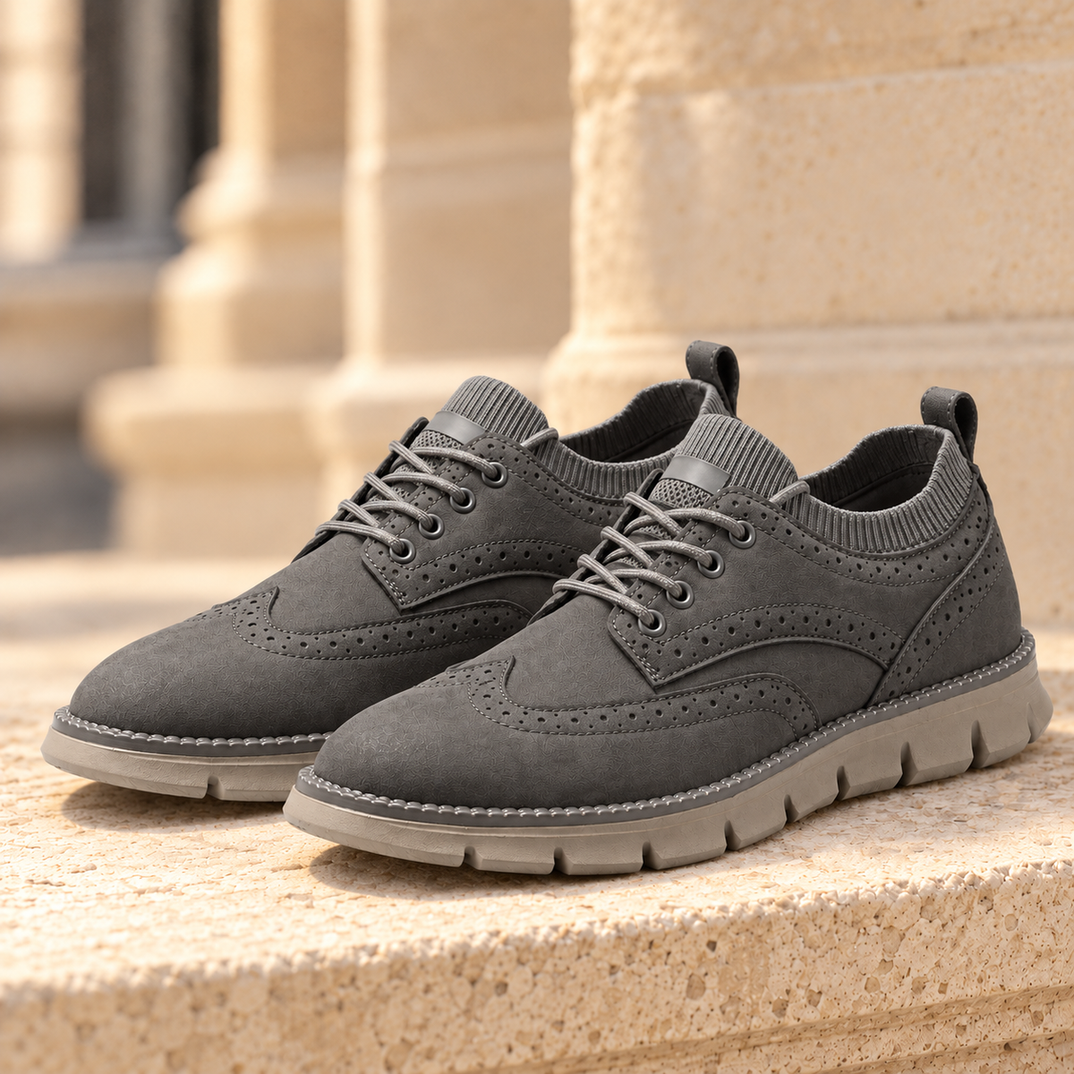 Ellis Knit-Collar Wingtip Sneakers - Gray, full pair