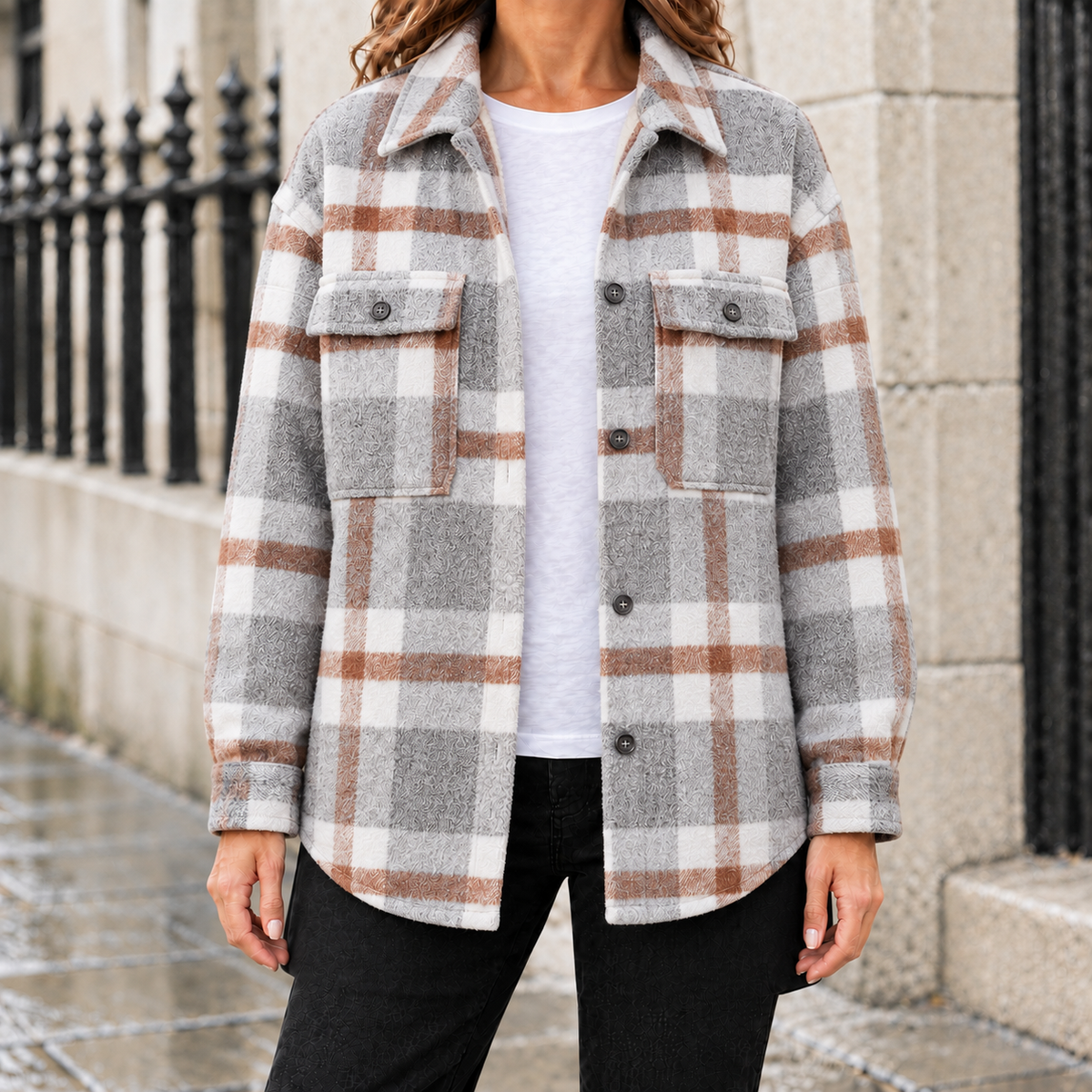 Lily Brushed Plaid Shirt Jacket - Light Gray, worn, full jacket