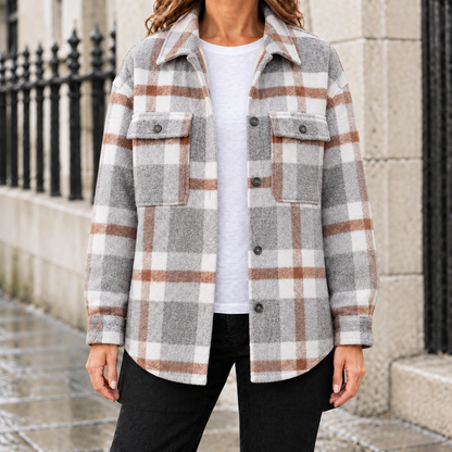Lily Brushed Plaid Shirt Jacket - Light Gray, worn, full jacket