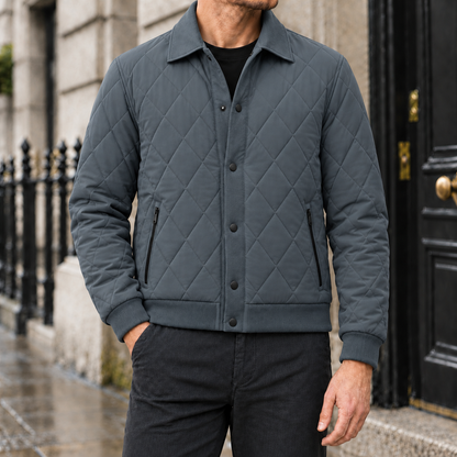 Henry Diamond-Quilted Collared Jacket - Gray, worn, full jacket