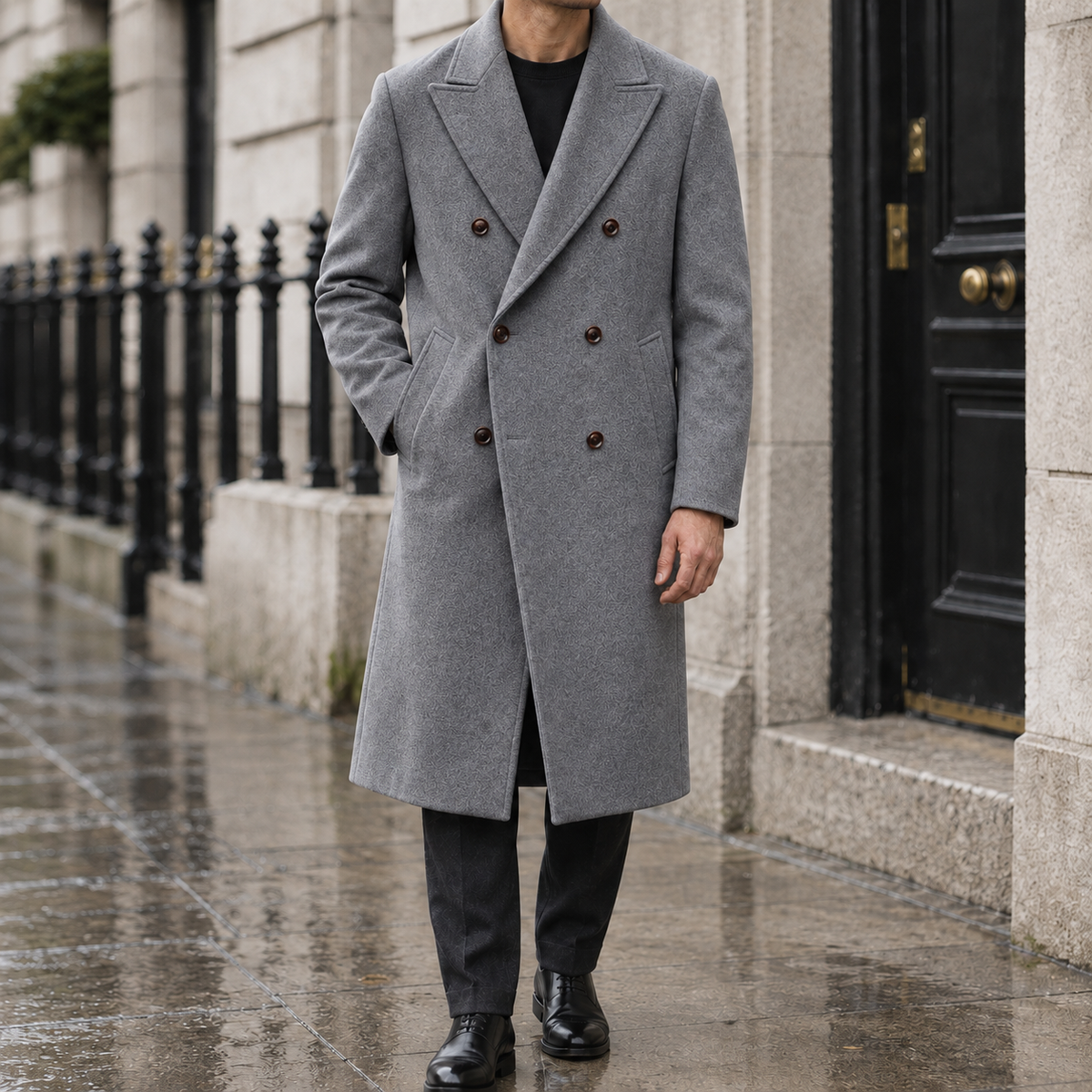 Sutton Peak-Lapel Double-Breasted Overcoat - Gray, worn, full coat