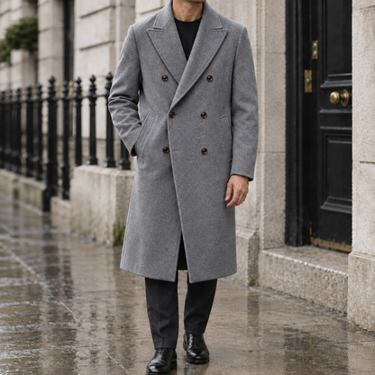 Sutton Peak-Lapel Double-Breasted Overcoat - Gray, worn, full coat