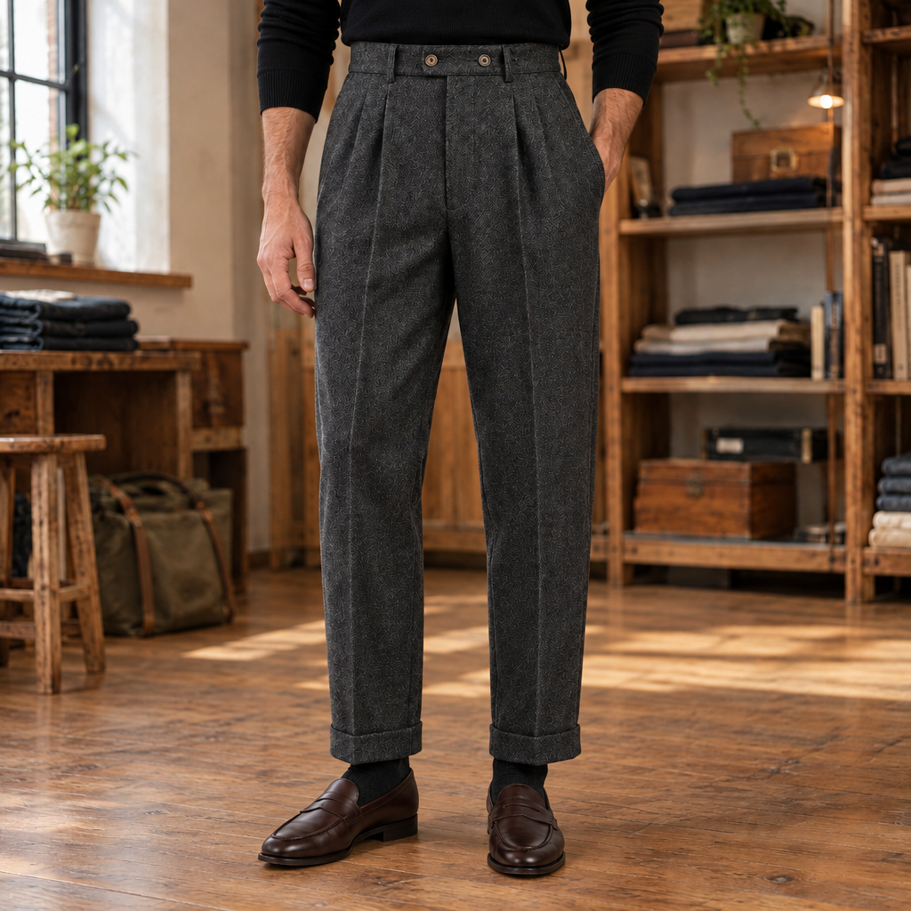 Gavin Button-Tab Pleated Trousers - Dark Gray, worn, full trousers