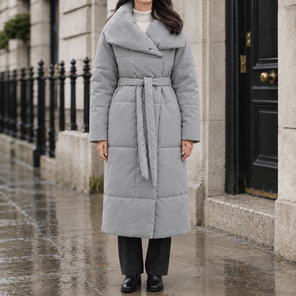 Megan Wrap-Collar Puffer Coat - Gray, worn, full coat