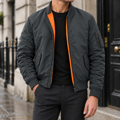 Reid Quilt-Lined Bomber Jacket - Slate Gray, worn, full jacket