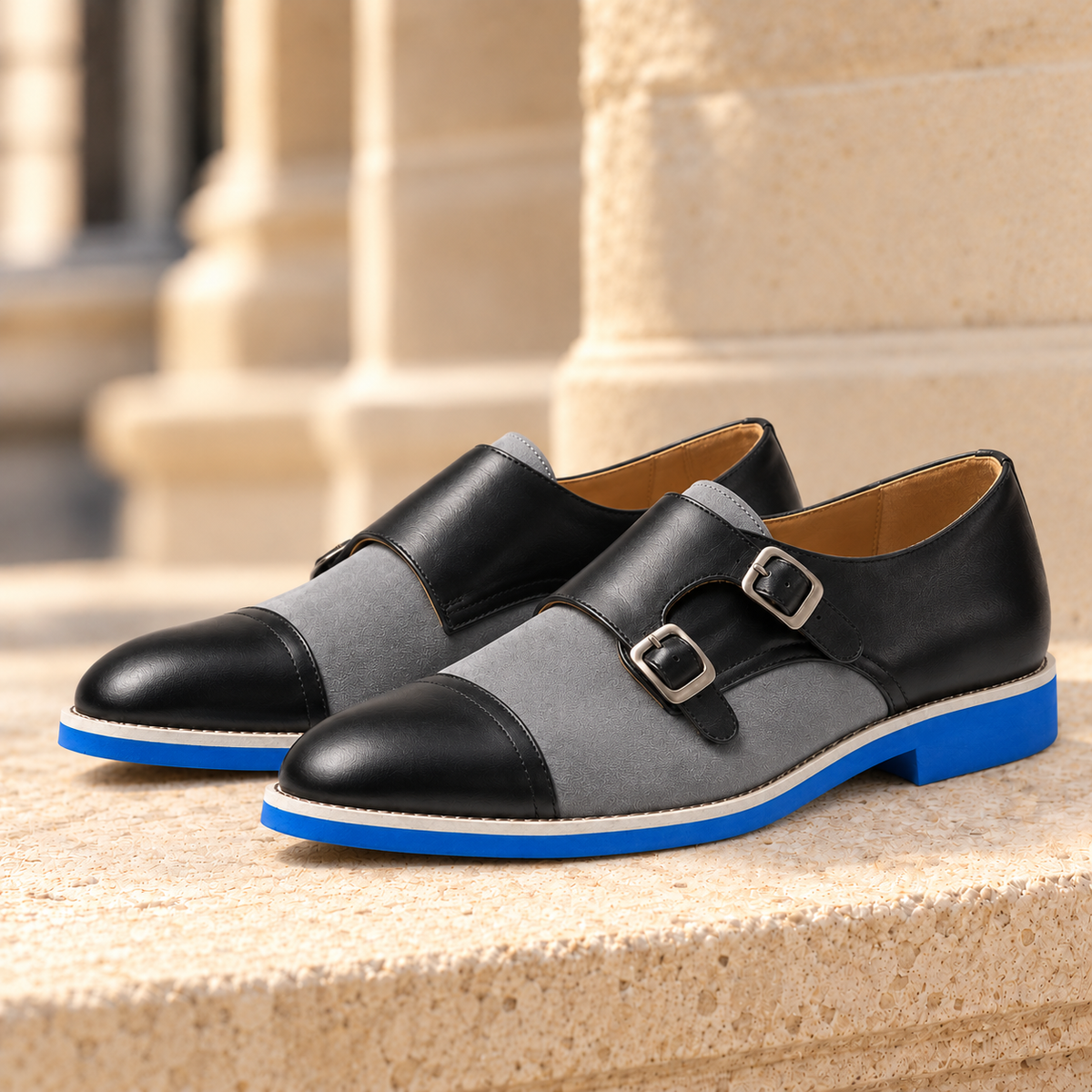Spencer Two-Tone Double Monk Shoes - Black & Gray, full pair