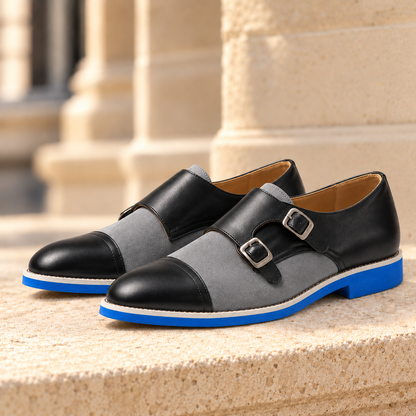 Spencer Two-Tone Double Monk Shoes - Black & Gray, full pair