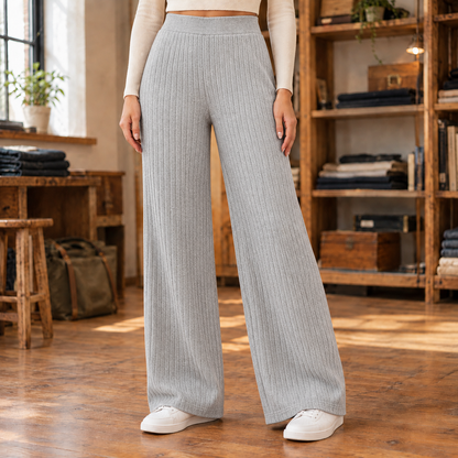 Ruby Rib-Knit Wide-Leg Pants - Light Gray, worn, full pants