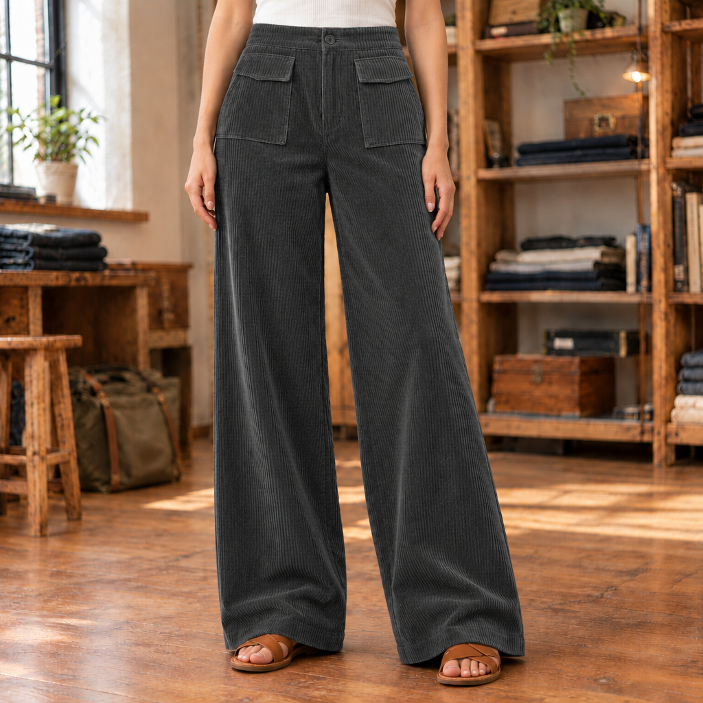 Kate Flap-Pocket Corduroy Wide-Leg Pants - Dark Gray, worn, full pants