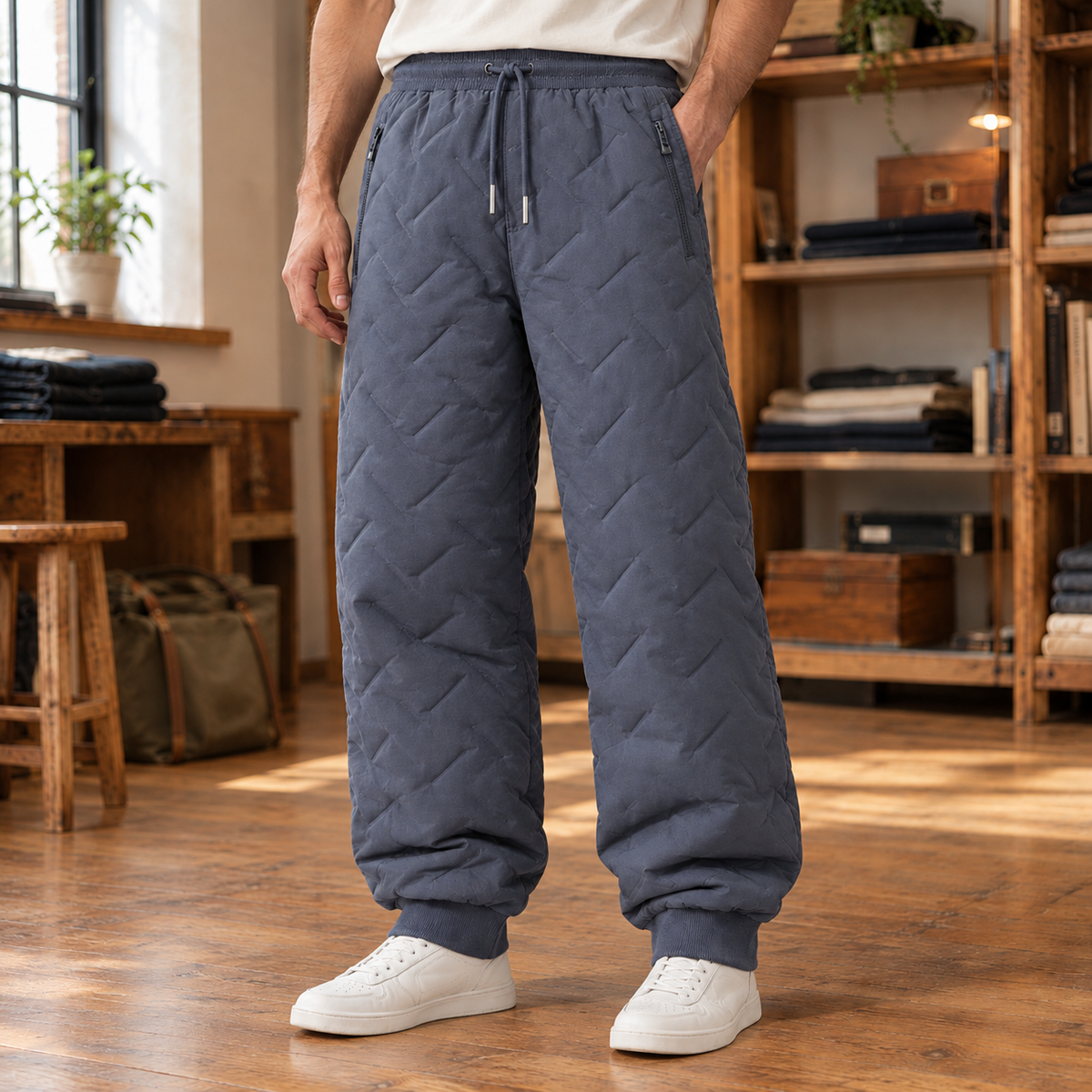 Dylan Quilted Sherpa-Lined Joggers - Gray, worn, full pants