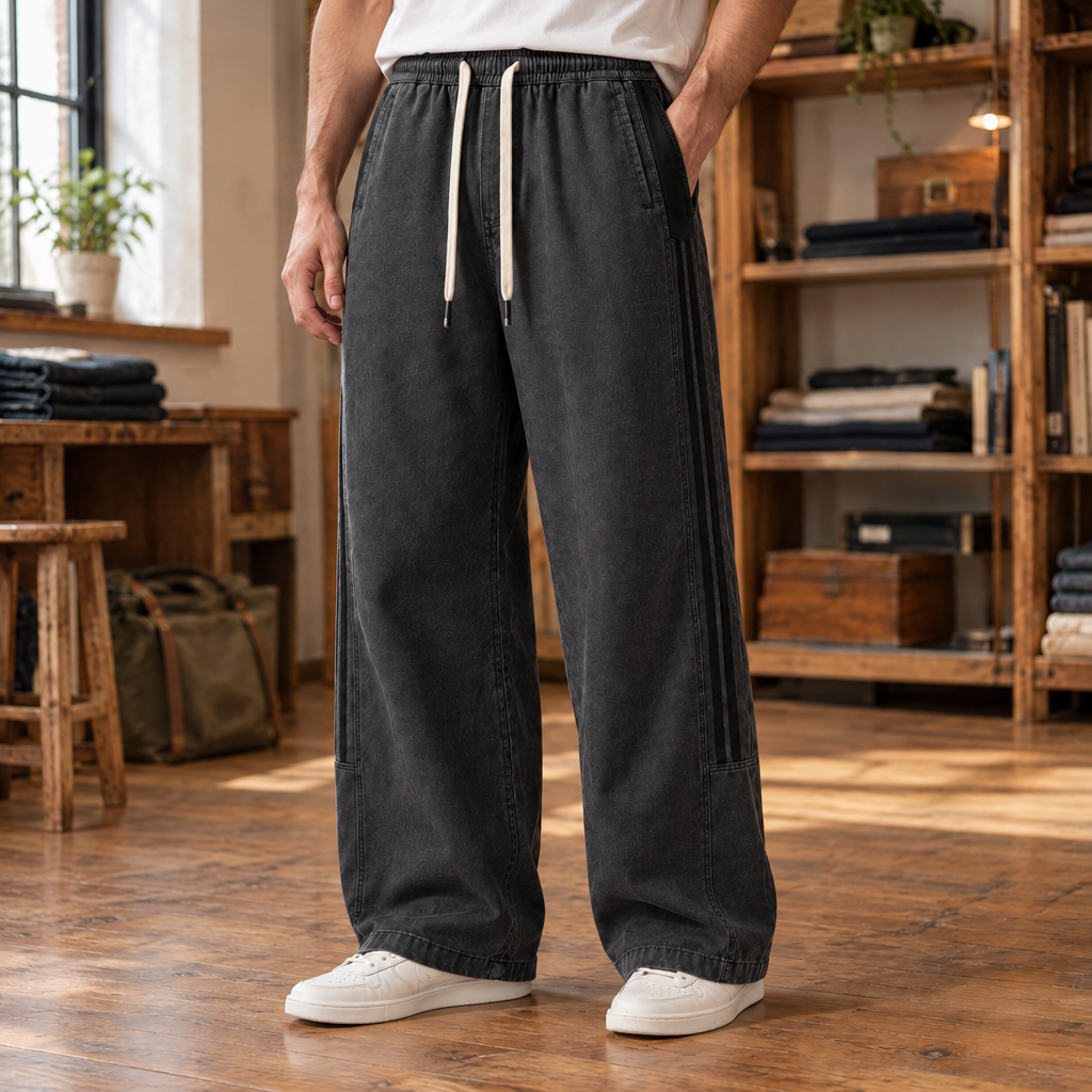 Trevor Side-Panel Drawstring Pants - Dark Gray, worn, full length