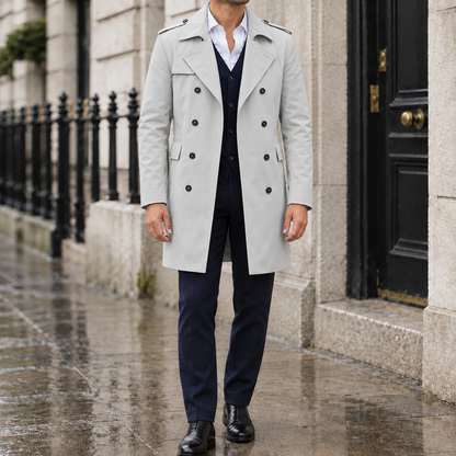 Bradley Double-Breasted Trench Coat - Light Gray, worn, full coat