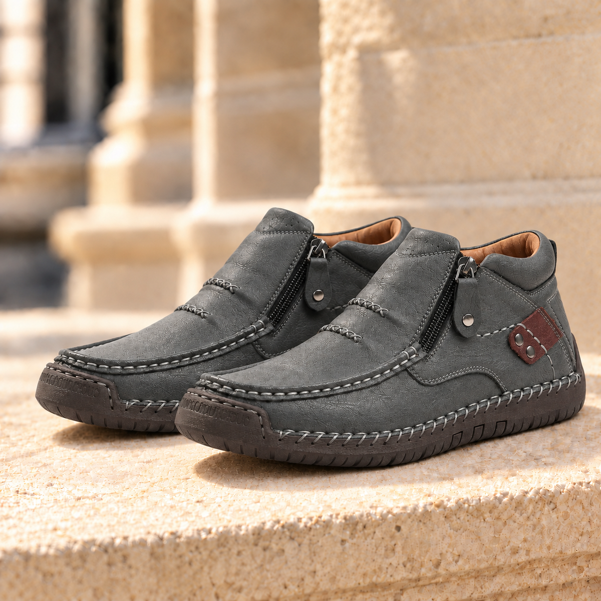 Brooks Leather Side-Zip Moc-Toe Boots - Gray, full pair