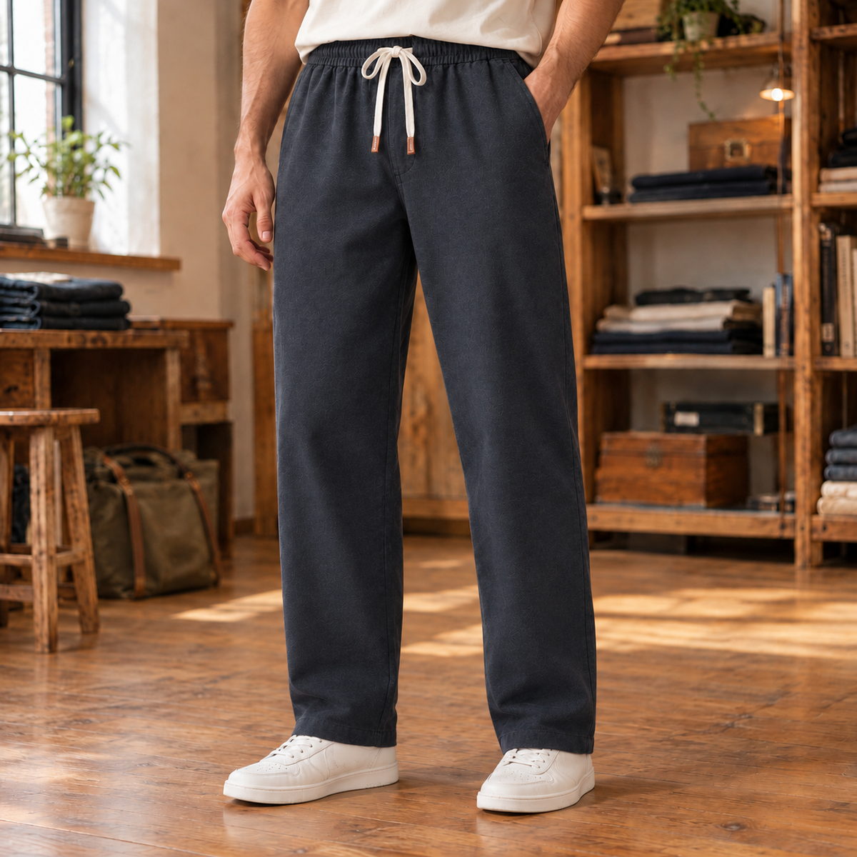 Shane Brushed Twill Drawstring Pants - Slate Gray, worn, full pants