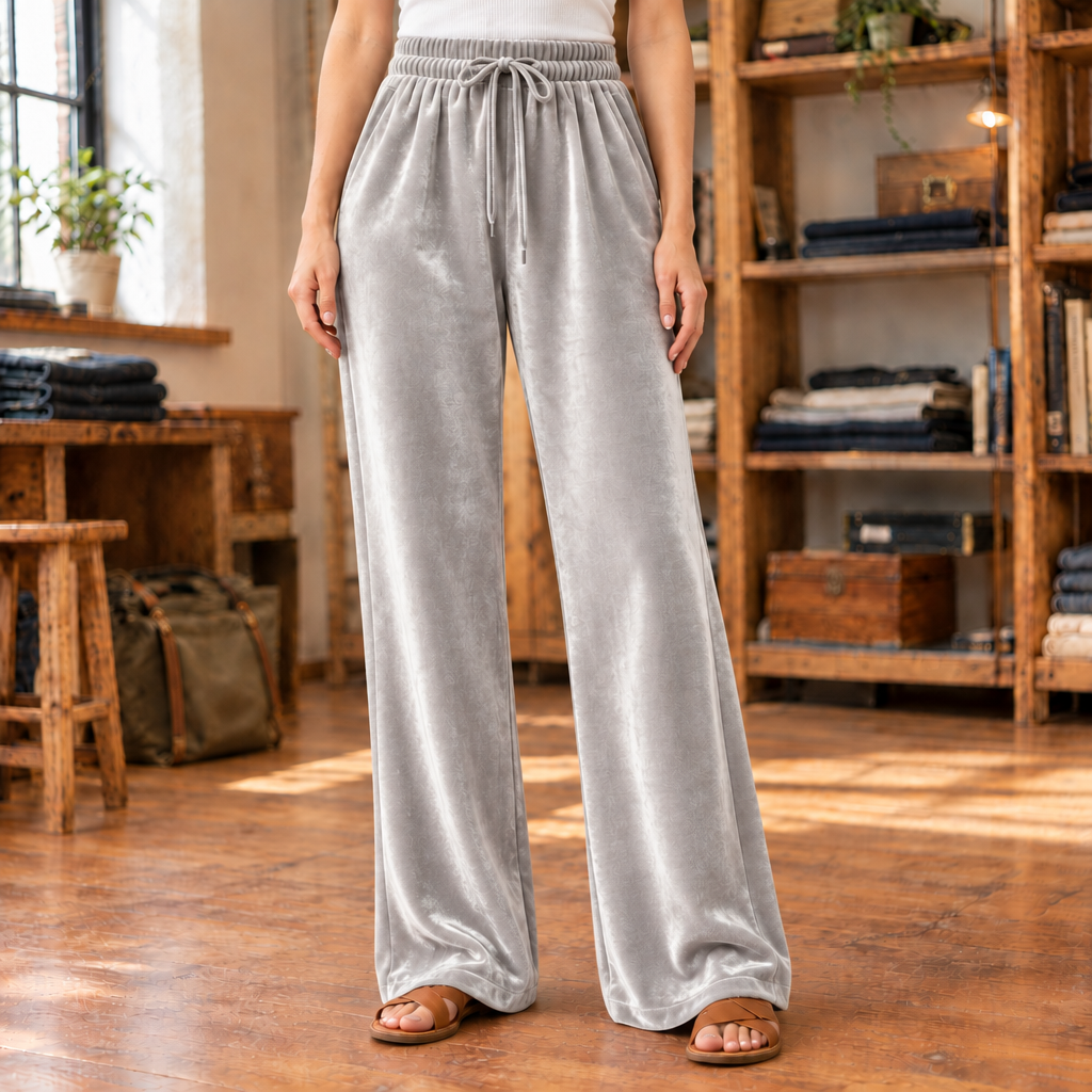 Violet Velvet Drawstring Wide-Leg Pants - Gray, worn, full length